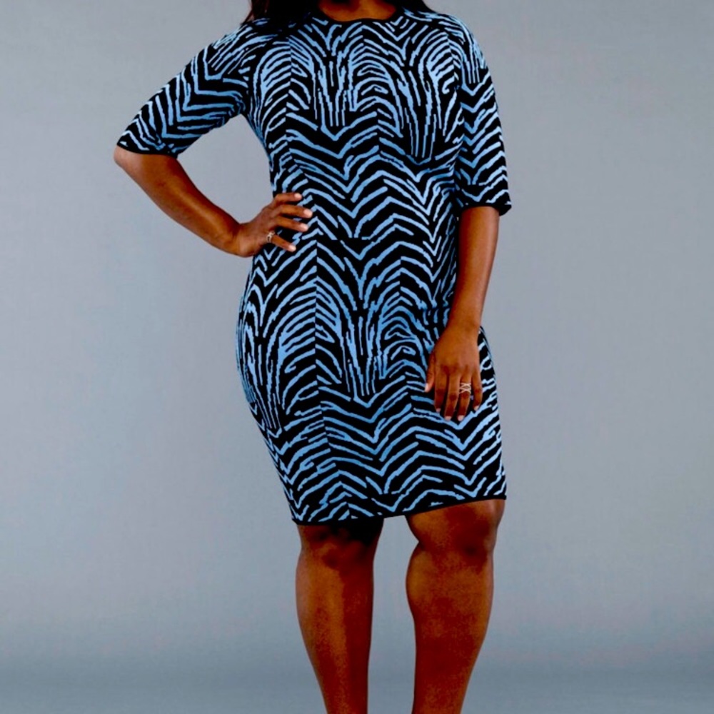 NWT I.b.b.i. Body Con Dress Blue/Black Zebra Stripe 22